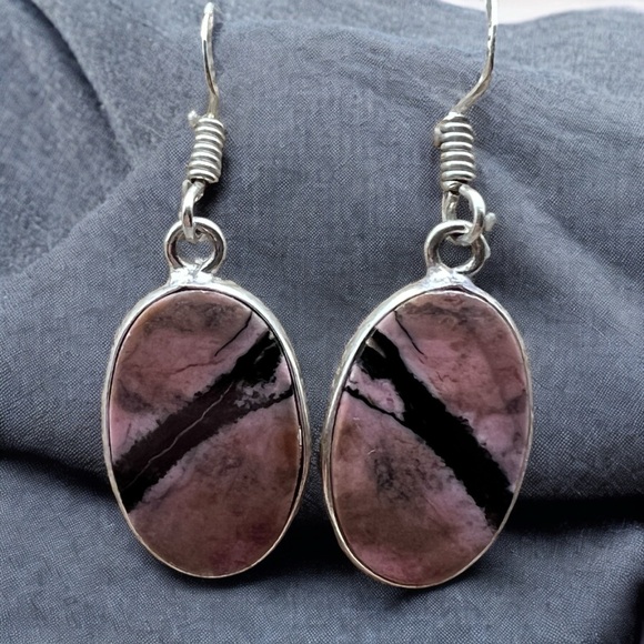 New Rhodonite Stone Silver Overlay Hook Earrings - Picture 1 of 6